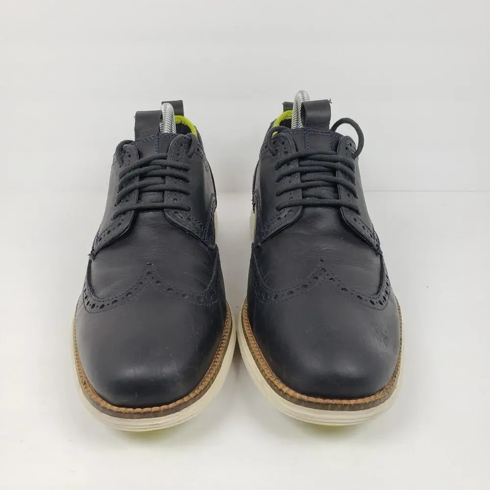 Cole Haan Grand OS Mens Size 8.5 Dk Navy Blue Leather Dress Wingtip Oxford Shoes